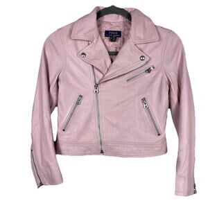 Polo Ralph Lauren Lamb Leather Moto Jacket Girls Size 10-12 Pink Classic Preppy